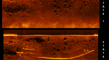 ECA GROUP - AUV - Seabed sonar imageries: comparison between safe state (1) and new state (2) after data reacquisition by AUV